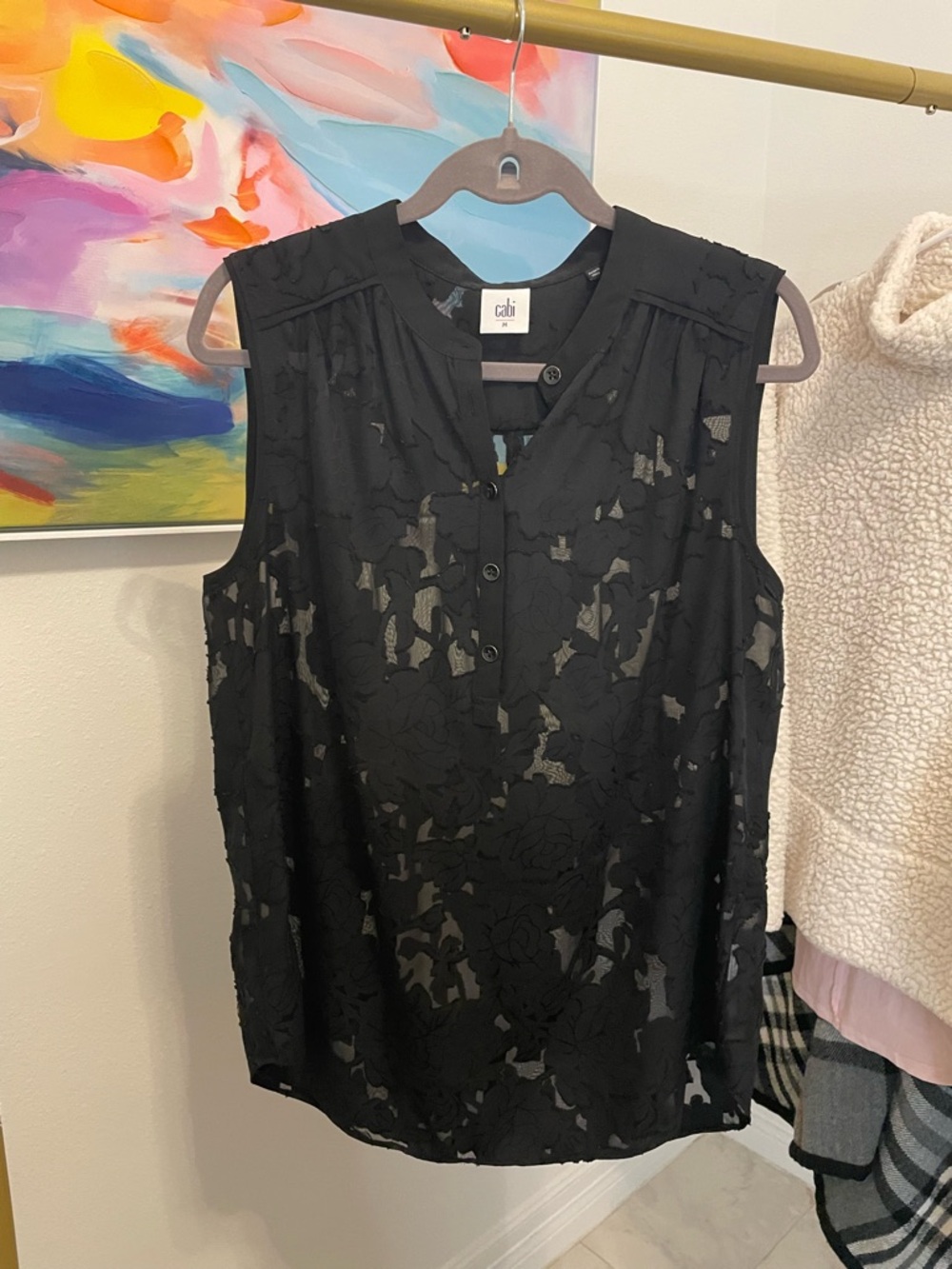 CAbi Black Sleeveless Floral Lace Blouse Medium